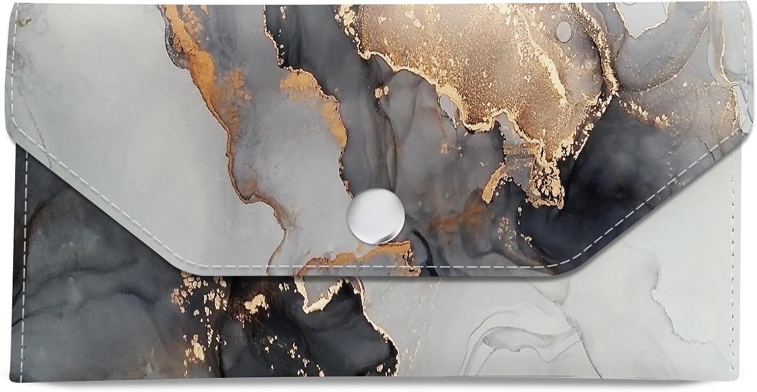 Cash Envelope Wallet Cute PU Leather Envelopes Bag for Men and Women, Reusable Budget Pouch for Budgeting Billing Black Gold Marble