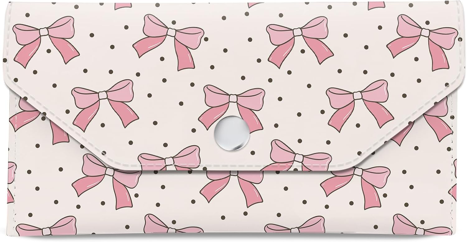 Cash Envelope Wallet Cute PU Leather Envelopes Bag for Men and Women, Reusable Budget Pouch for Budgeting Billing Pink Bow Dots