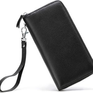 Womens Wallet RFID Blocking Genuine Leather Zip Around Wallet Clutch Wristlet Travel Long Purse for Women