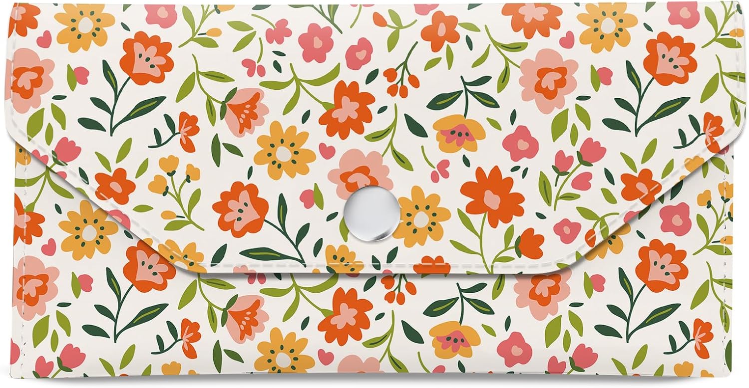 Cash Envelope Wallet Cute PU Leather Envelopes Bag for Men and Women, Reusable Budget Pouch for Budgeting Billing Orange White Floral