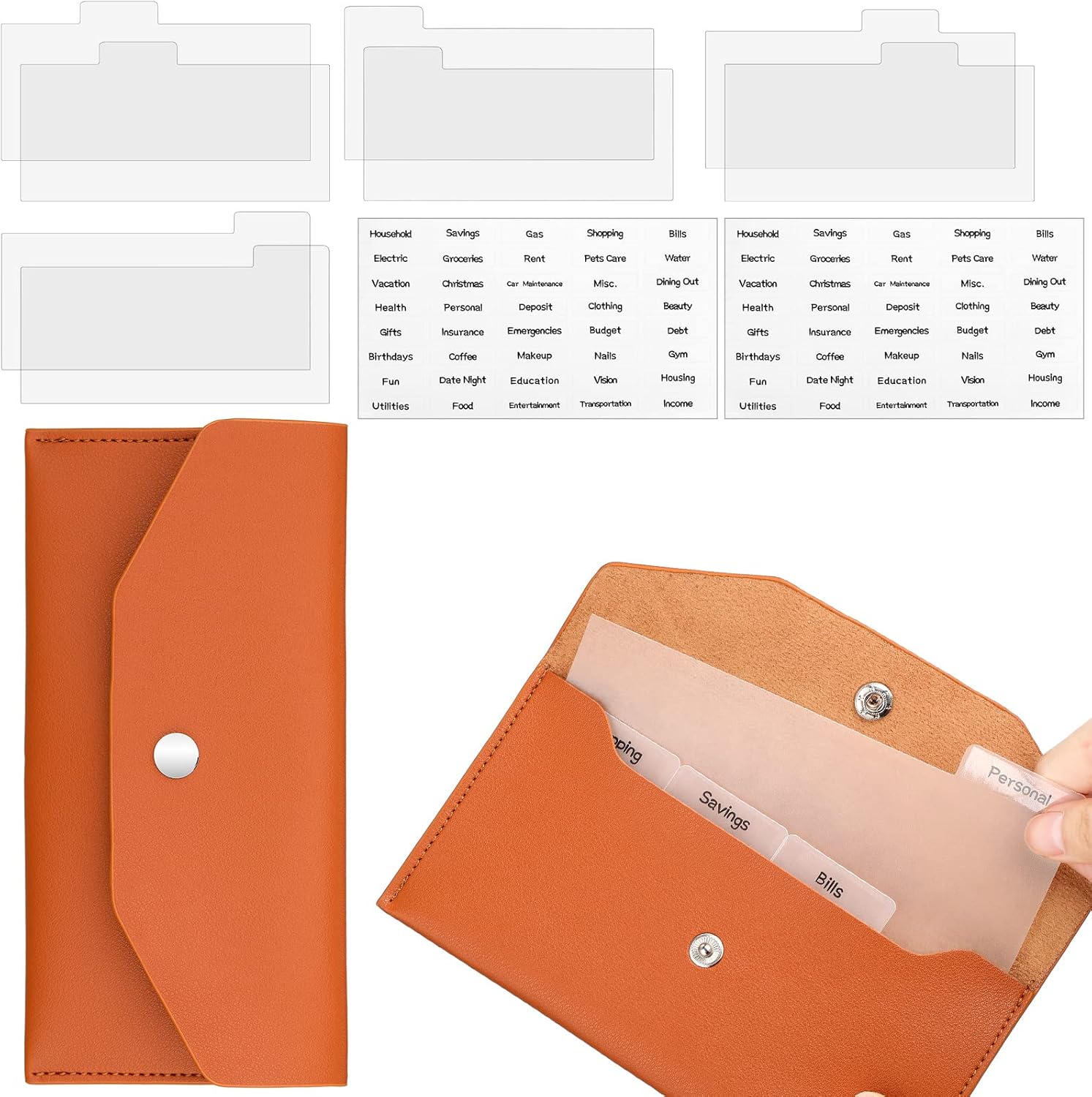 1 Cash Envelope Wallet PU Leather Reusable Budget Envelope 8 Cash Dividers 2 Sheets Category Sticker Labels for Wallets Bill Planner(Camel,Classic) - Image 2