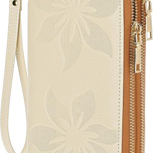 Women's Wallet Large Capacity Double Zip Ladies Card Phone Holder RFID Blocking Wristlet Leather