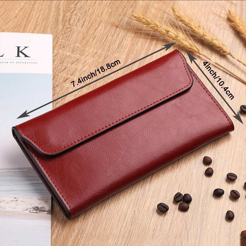 Retro Leather Envelope Women's Phone Card Holder Wallet, Thin Large Capacity Multifunctiona Leather Wallet, Clutch Wallet for Mother's Day Thanksgiving Fashion Gift (Wine Red) - Image 2