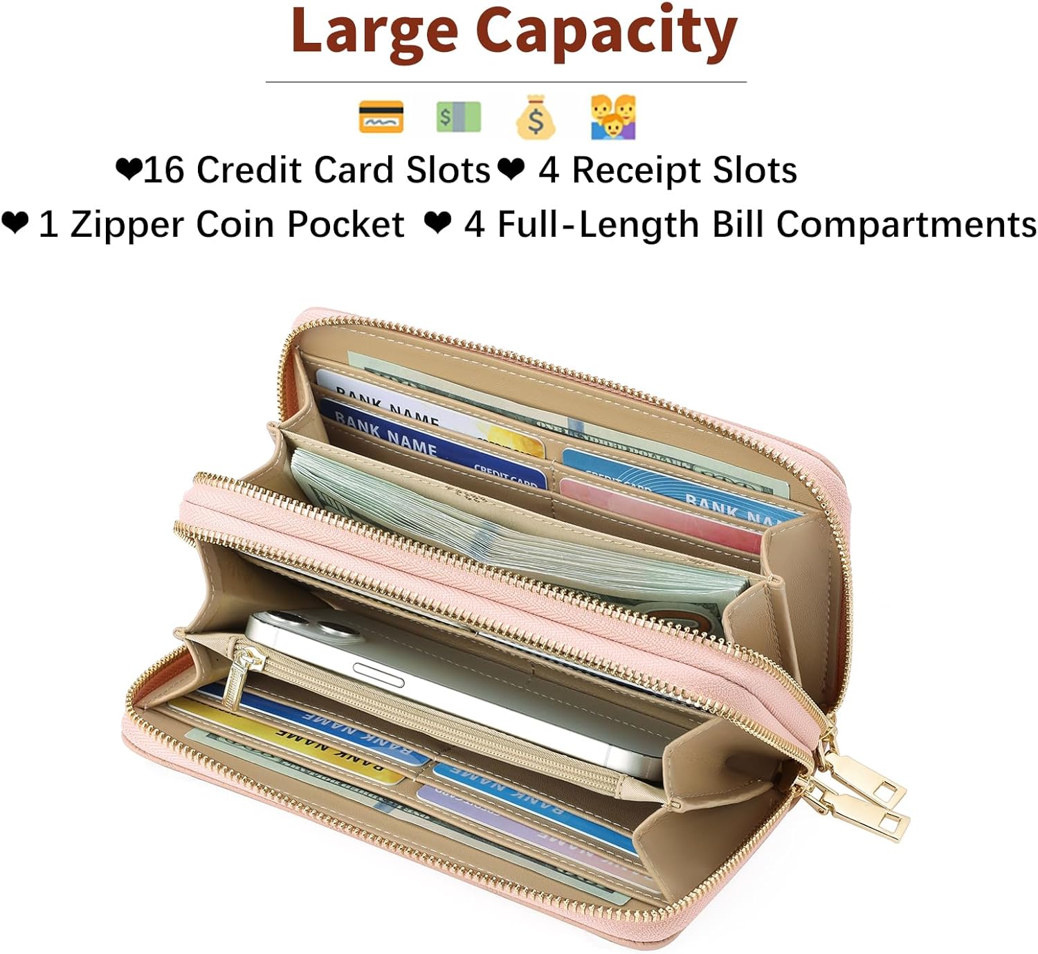 Women's Wallet Large Capacity Double Zip Ladies Card Phone Holder RFID Blocking Wristlet Leather - Image 2