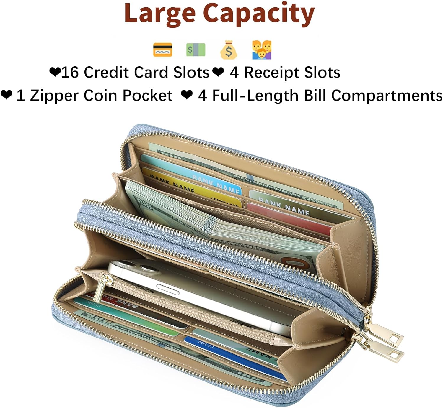 Women's Wallet Large Capacity Double Zip Ladies Card Phone Holder RFID Blocking Wristlet Leather - Image 2