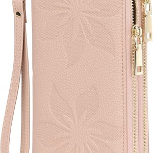 Women's Wallet Large Capacity Double Zip Ladies Card Phone Holder RFID Blocking Wristlet Leather