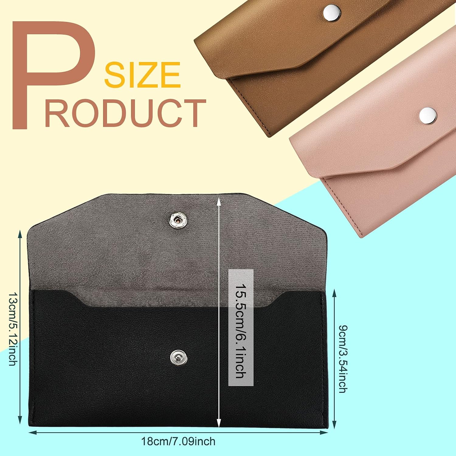 3 Pieces Leather Cash Envelopes Wallet - Budget Bag Waterproof Flat Metal Snap Reusable Purse for Cash Cards - Women Girls Wedding Birthday Gift (Black, Camel Pink) - Image 2