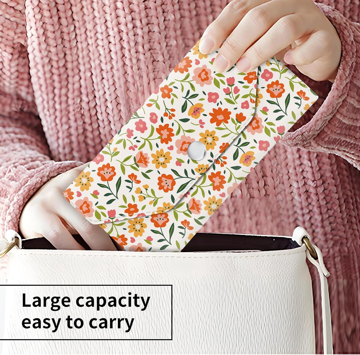 Cash Envelope Wallet Cute PU Leather Envelopes Bag for Men and Women, Reusable Budget Pouch for Budgeting Billing Orange White Floral - Image 2