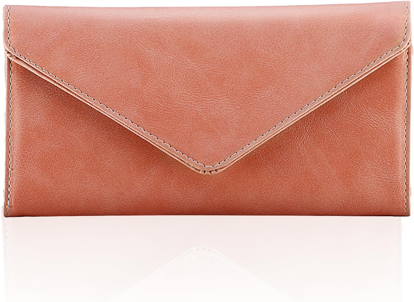 Women's Card Wallet Envelope Style Credit Card Holder, RFID Blocking, Vegan Leather, Coin Pocket, 2 ID Windows, Bean Pink