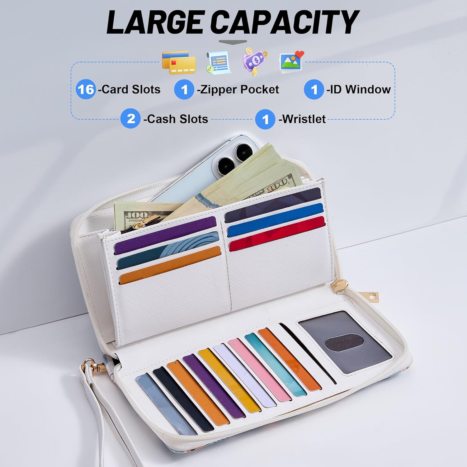 Women's Vegan Leather Clutch Wallet with Zip, Hand Strap, Large Capacity - Image 2