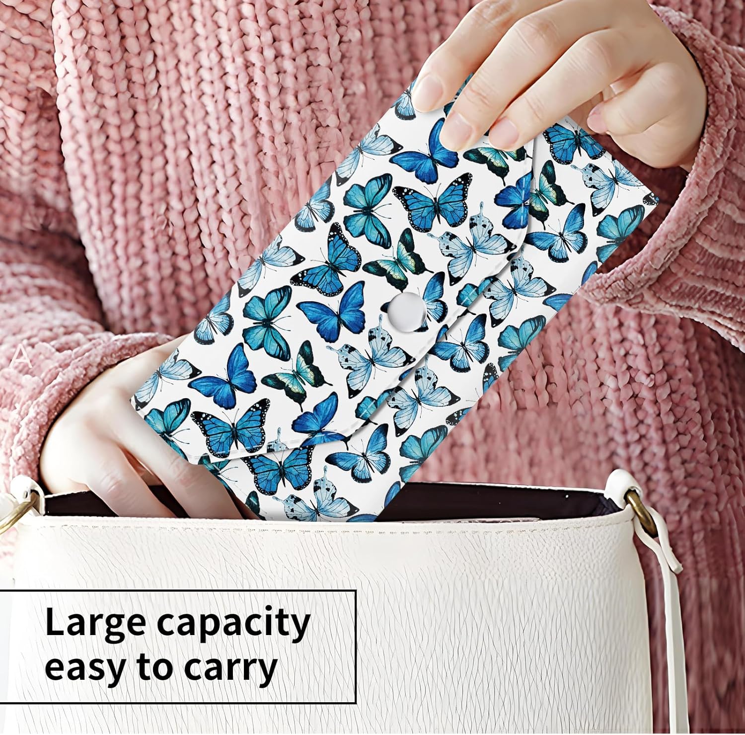 Cash Envelope Wallet Cute PU Leather Envelopes Bag for Men and Women, Reusable Budget Pouch for Budgeting Billing Blue White Butterflies - Image 2