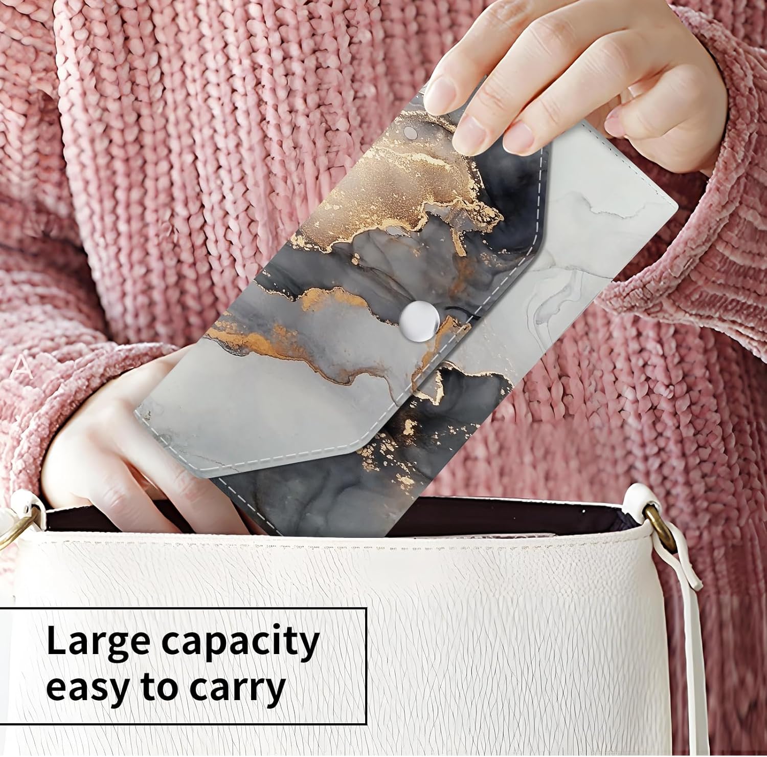 Cash Envelope Wallet Cute PU Leather Envelopes Bag for Men and Women, Reusable Budget Pouch for Budgeting Billing Black Gold Marble - Image 2