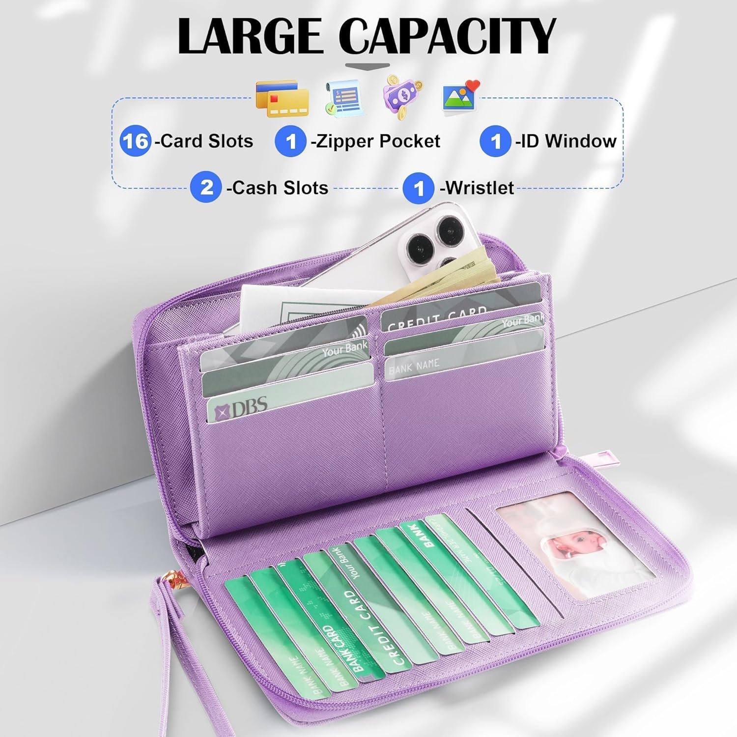 Women's Vegan Leather Clutch Wallet with Zip, Hand Strap, Large Capacity - Image 2