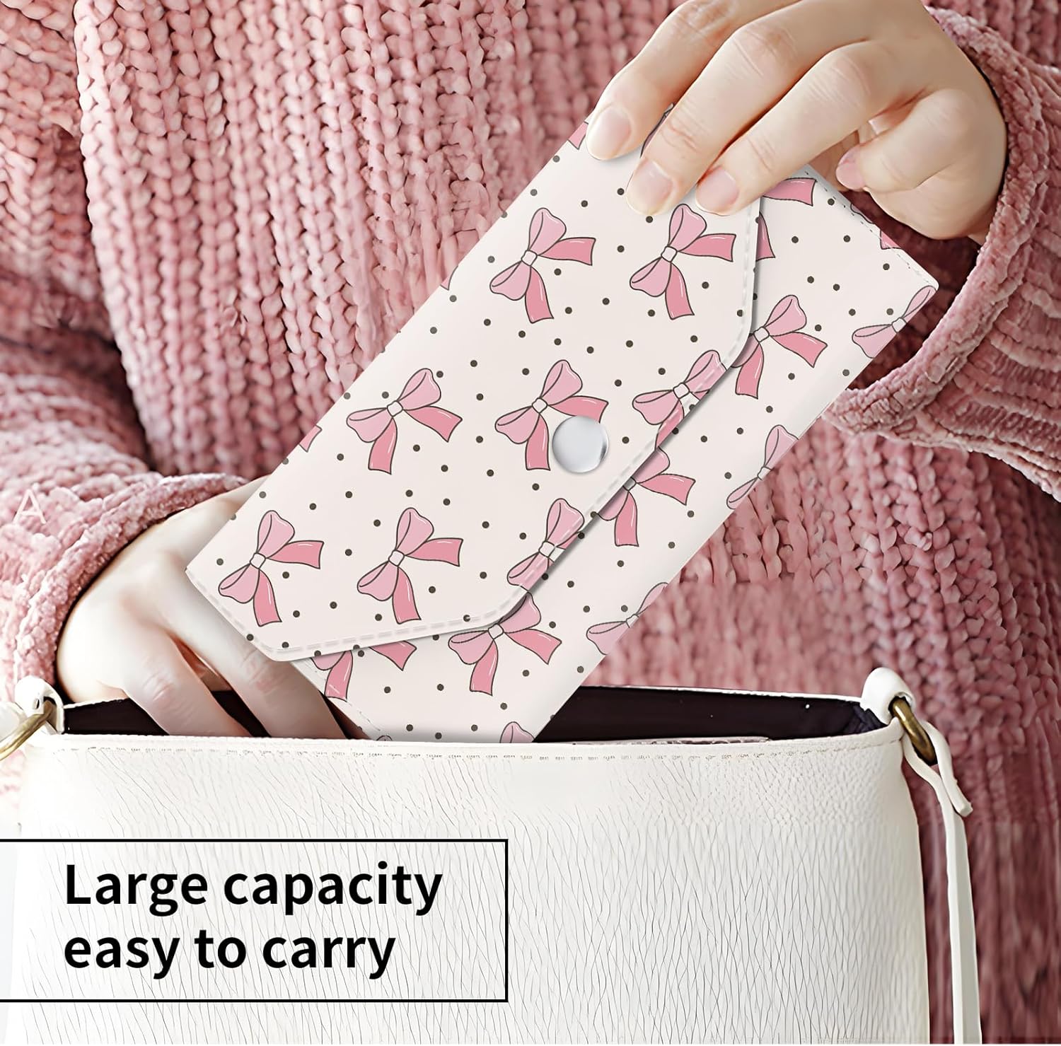 Cash Envelope Wallet Cute PU Leather Envelopes Bag for Men and Women, Reusable Budget Pouch for Budgeting Billing Pink Bow Dots - Image 2