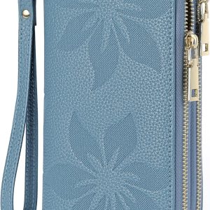 Women's Wallet Large Capacity Double Zip Ladies Card Phone Holder RFID Blocking Wristlet Leather