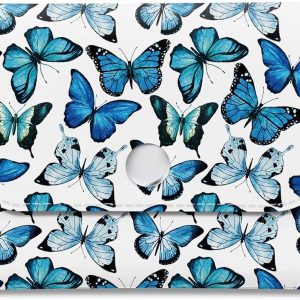 Cash Envelope Wallet Cute PU Leather Envelopes Bag for Men and Women, Reusable Budget Pouch for Budgeting Billing Blue White Butterflies