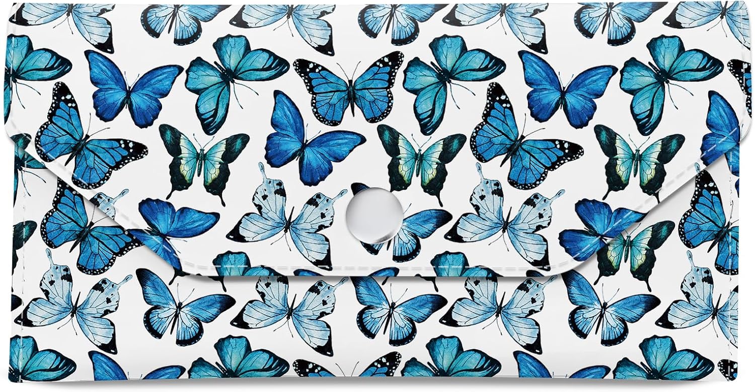 Cash Envelope Wallet Cute PU Leather Envelopes Bag for Men and Women, Reusable Budget Pouch for Budgeting Billing Blue White Butterflies