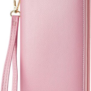 Women's Vegan Leather Clutch Wallet with Zip, Hand Strap, Large Capacity