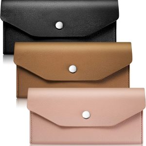 3 Pieces Leather Cash Envelopes Wallet - Budget Bag Waterproof Flat Metal Snap Reusable Purse for Cash Cards - Women Girls Wedding Birthday Gift (Black, Camel Pink)