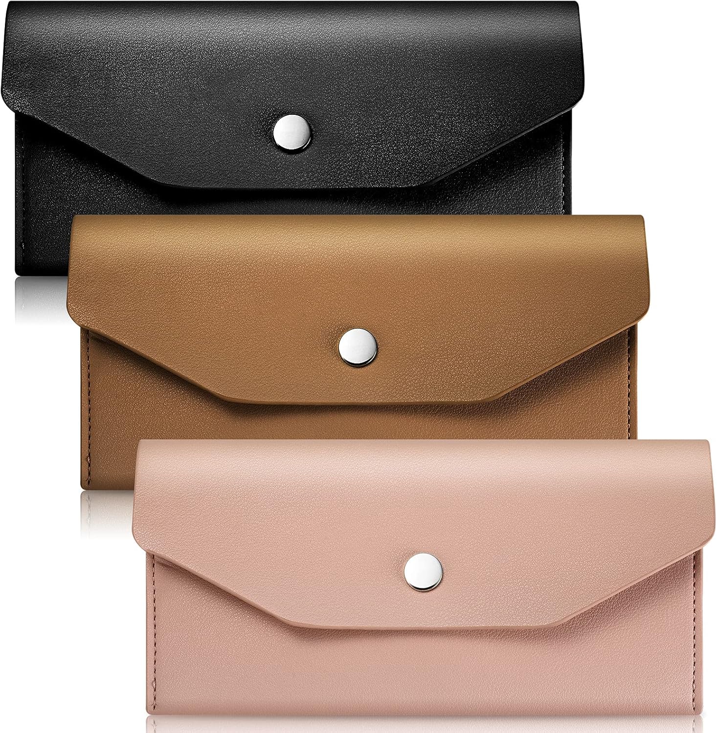 3 Pieces Leather Cash Envelopes Wallet - Budget Bag Waterproof Flat Metal Snap Reusable Purse for Cash Cards - Women Girls Wedding Birthday Gift (Black, Camel Pink)